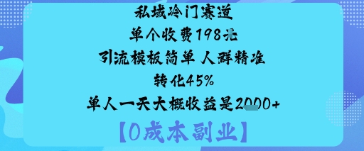 私域冷门赛道:单个收费198米引流模板简单人群精准转化45%单人一天大概收益是1k+-泡泡网创