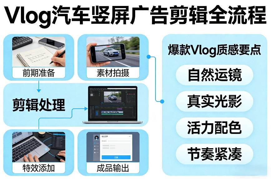 Vlog感觉汽车竖屏广告剪辑脚本全流程，拿捏爆款Vlog质感-泡泡网创