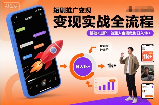 短剧推广变现实战全流程，基础+进阶，普通人也能做到日入1k+-泡泡网创