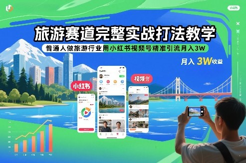 旅游赛道完整实战打法教学，普通人做旅游行业用小红书视频号精准引流月入3W-泡泡网创