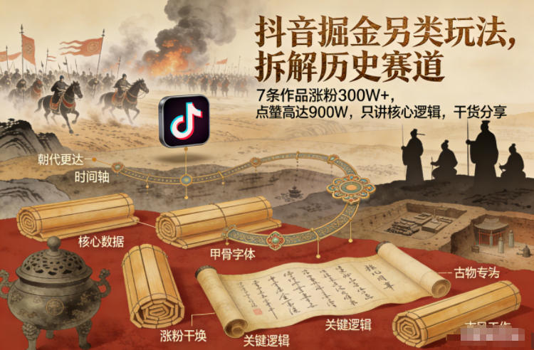 抖音掘金另类玩法，拆解历史赛道，7条作品涨粉300W+，点赞量高达900W，只讲核心逻辑，干货分享-泡泡网创