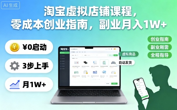 淘宝虚拟店铺课程，零成本创业指南，副业月入1W+-泡泡网创