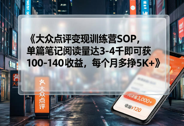 大众点评变现训练营SOP，单篇笔记阅读量达3-4千即可获100-140收益，每个月多挣5K+-泡泡网创