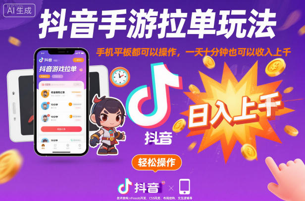 抖音手游拉单玩法，手机平板都可以操作，一天十分钟也可以收入上K【揭秘】-泡泡网创