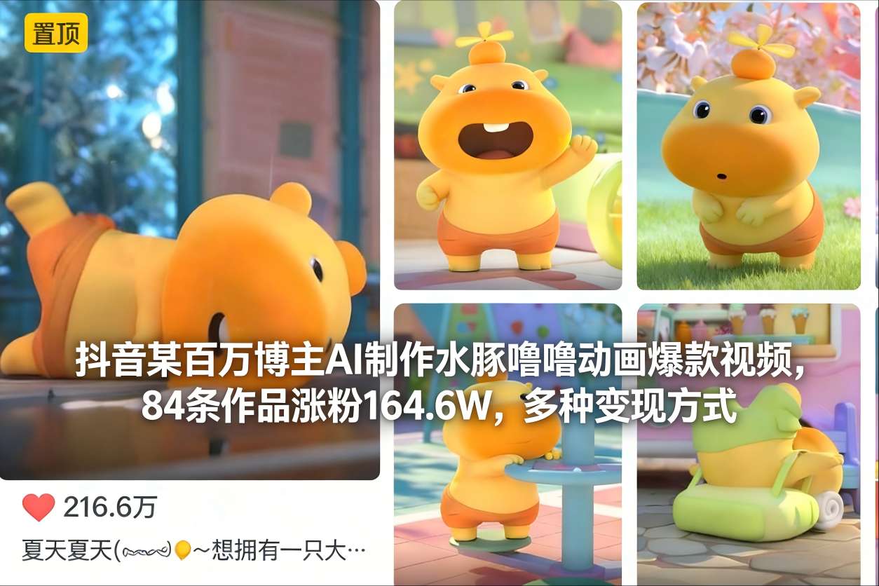 抖音某百万博主AI制作水豚噜噜动画爆款视频，84条作品涨粉164.6W，多种变现方式-泡泡网创
