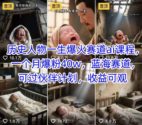 历史人物一生爆火赛道ai课程，一个月爆粉40w，蓝海赛道，可过伙伴计划，收益可观-泡泡网创
