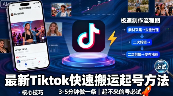 最新Tiktok快速搬运快速起号方法，3-5分钟做一条，起不来的号可以试试-泡泡网创