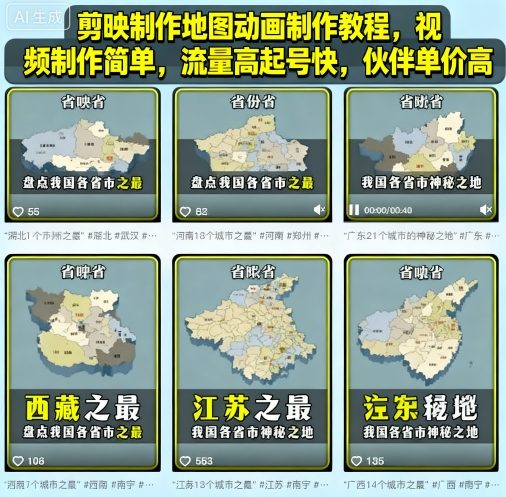 剪映制作地图动画制作教程，视频制作简单，流量高起号快，伙伴单价高-泡泡网创