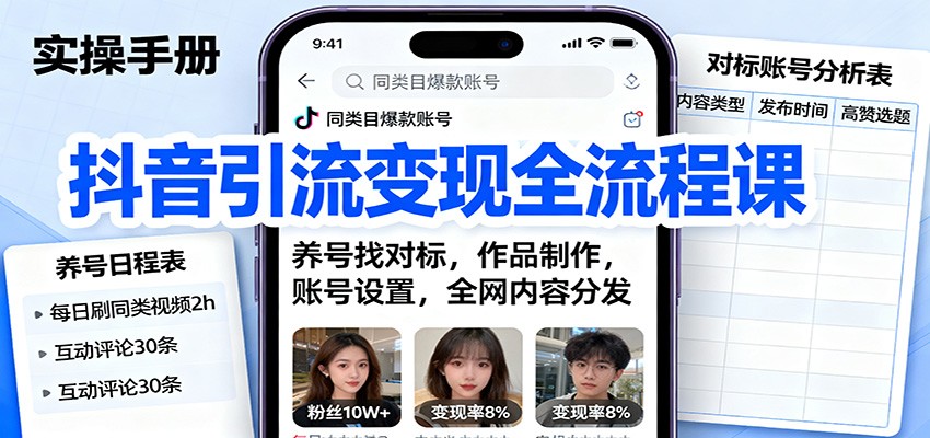 抖音引流变现全流程课：养号找对标，作品制作，账号设置，全网内容分发-泡泡网创