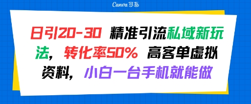 日引 20-30 精准引流私域新玩法，转化率50% 高客单虚拟资料，小白一台手机就能做-泡泡网创
