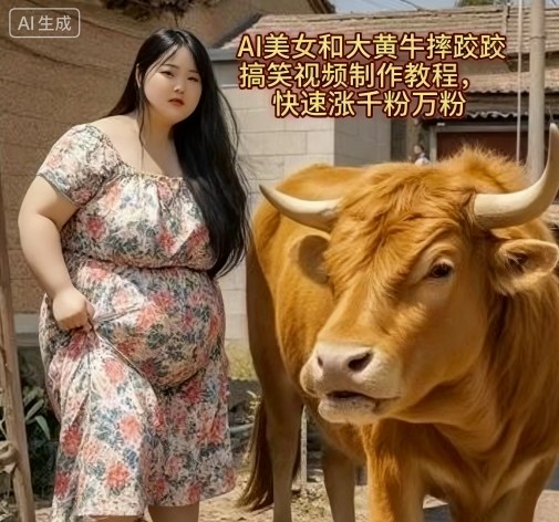 AI美女和大黄牛摔跤搞笑荒诞视频制作教程，快速涨千粉万粉-泡泡网创