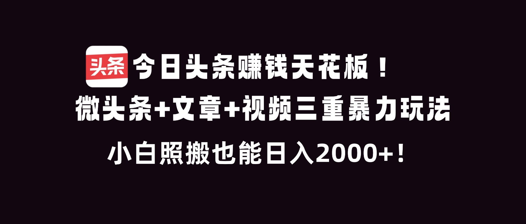 今日头条赚钱天花板！微头条+文章+视频三重暴利玩法，小白照搬也能日人2000+-泡泡网创