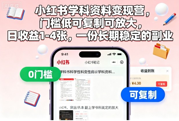 小红书学科资料变现营，门槛低可复制可放大，日收益1-4张，一份长期稳定的副业-泡泡网创