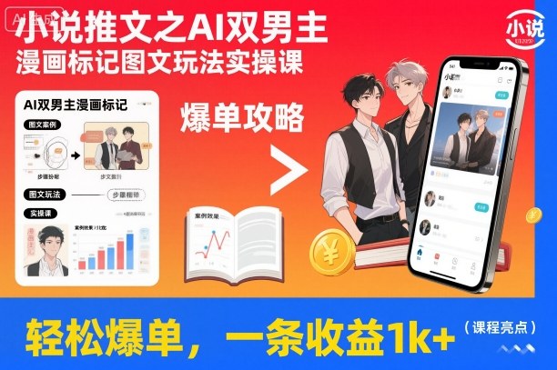 小说推文之AI双男主漫画标记图文玩法实操课，轻松爆单，一条收益1k+-泡泡网创