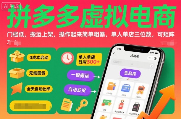 拼多多虚拟电商，门槛低，搬运上架，操作起来简单粗暴，单人单店三位数，可矩阵-泡泡网创