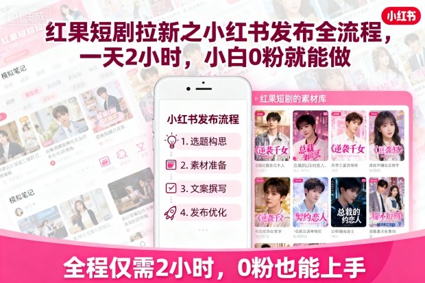 红果短剧拉新之小红书发布全流程，一天2小时，小白0粉就能做-泡泡网创
