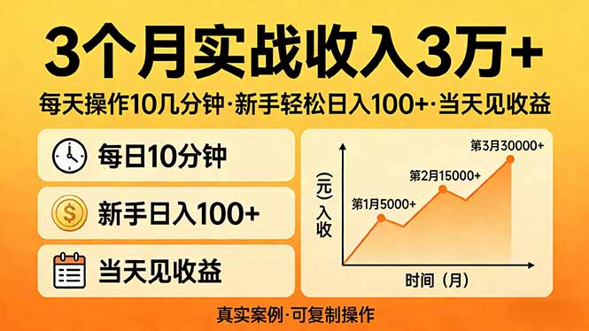 3个月实战收入3万+，每天操作10几分钟，新手轻松日入100+，当天见收益-泡泡网创