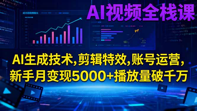AI视频全栈课:AI生成技术,剪辑特效,账号运营,新手月变现5000+播放量破千万-泡泡网创