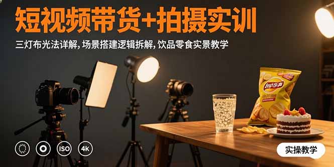 短视频带货+拍摄实训：三灯布光法详解,场景搭建逻辑拆解,饮品零食实景教学-泡泡网创