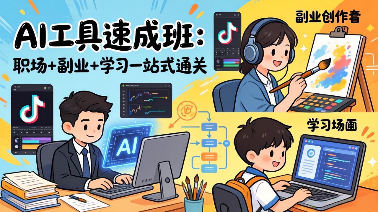 AI工具速成班：职场+副业+学习一站式通关，20+爆款类型+剪映技巧+抖音算法，0基础快速上手-泡泡网创