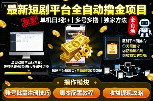 最新短剧平台全自动挂G撸金项目，单机一天3张+，多号多撸，区别于市面所有挂机项目，独家方法【揭秘】-泡泡网创