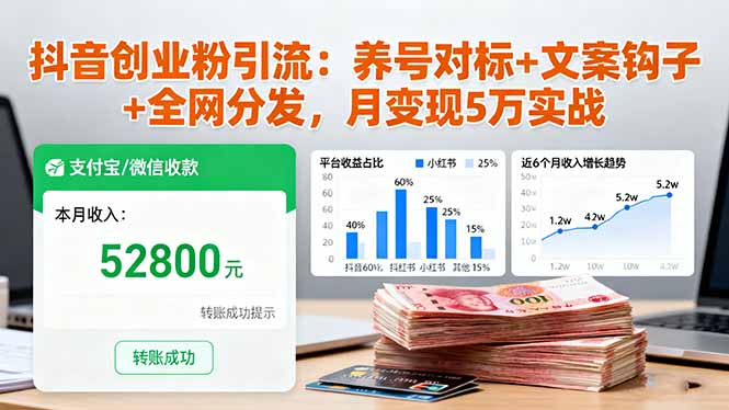 抖音创业粉引流：养号对标+文案钩子+全网分发，月变现5万实战-泡泡网创