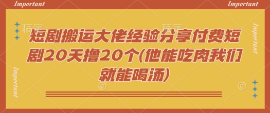 短剧搬运大佬经验分享付费短剧20天撸20个(他能吃肉我们就能喝汤)-泡泡网创