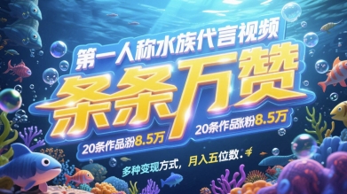 第一人称水族代言视频，条条万赞，20条作品涨粉7.8W，多种变现方式月入五位数-泡泡网创